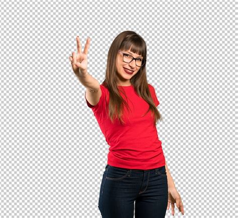 Premium Psd Woman With Glasses Smiling And Showing Victory Sign