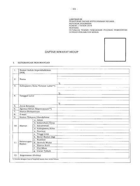 Daftar Riwayat Hidup P3k Peraturan Bkn Nomor 1 Tahun 2019 Pdf