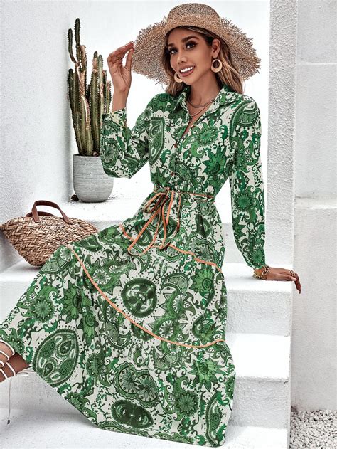 Random Floral And Paisley Print Ruffle Hem Belted Shirt Dress Backless