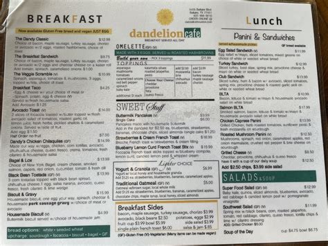 Dandelion Cafe Menu Updated For 2025