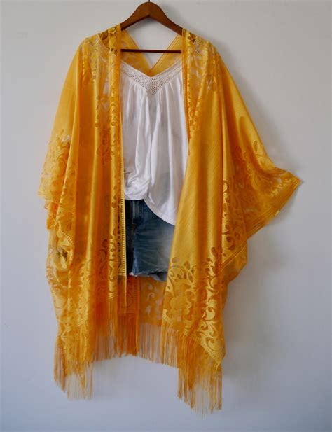 Yellow Long Bohemian Kimono Yellow Lace Kimono Beach Wear Etsy