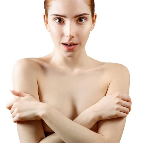 Portrait Of Naked Redhead Woman Covering Breast By Hands Stock Photo