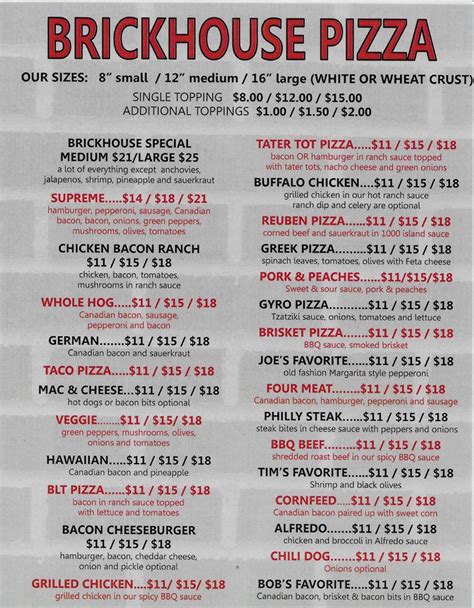 Menu at Brickhouse Pizza restaurant, Alden