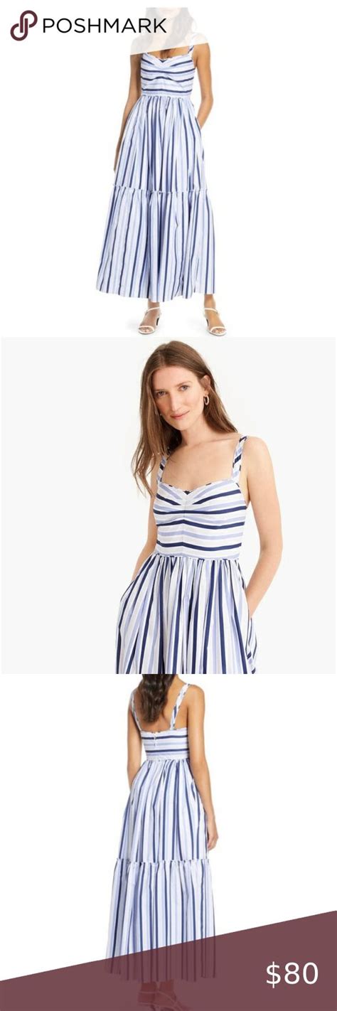 J Crew Shirting Stripe Tiered Maxi Dress Blue And White Stripe Size 8