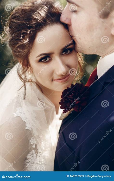 Beautiful Brunette Bride Portrait Face Close Up Sensual Groom Kissing Hugging Bride Newlywed