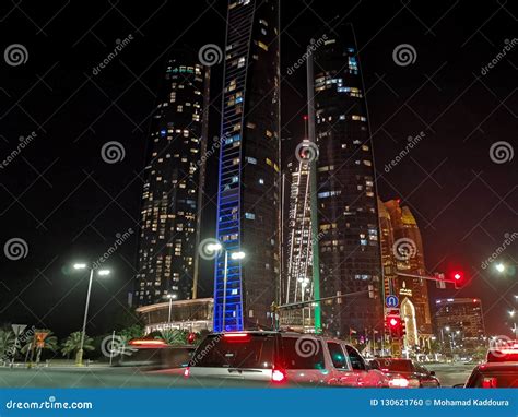 Beautiful View of Abu Dhabi Towers and Streets at Night - Etihad Towers ...