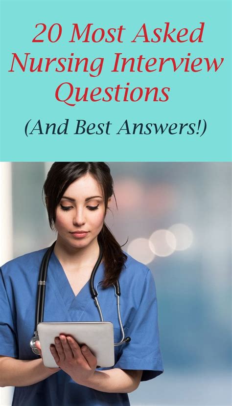 A Nurse Looking At Her Tablet With The Title 20 Most Asked Nursing