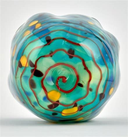 Dale Chihuly Blown Glass Ocean Macchia Basket With Cobalt Blue Lip Wrap