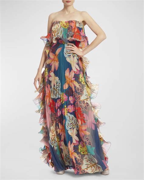 Badgley Mischka Collection Ruffled Floral Print Gown Neiman Marcus