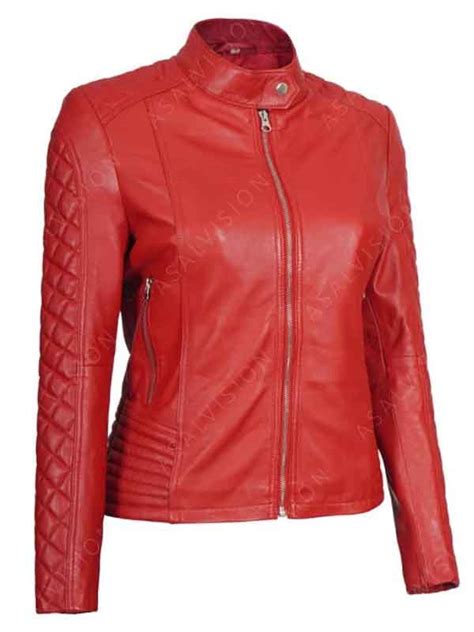 Women S Red Cafe Racer Leather Jacket With Quilted Sleeves Asal Vision