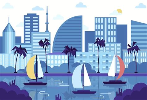 Premium Vector Panorama Of The City Yachts And Palm Trees Vector