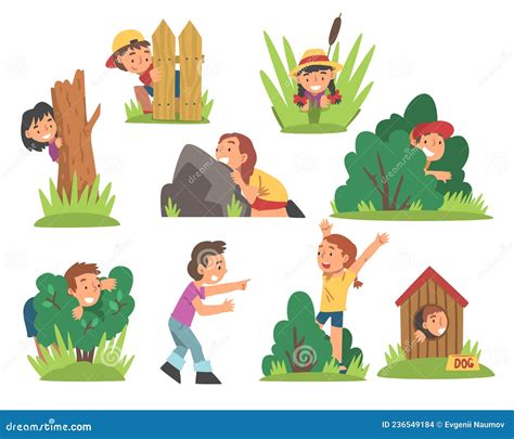 Kids Playing Hide And Seek Concealing Behind Tree And Bush Vector Set