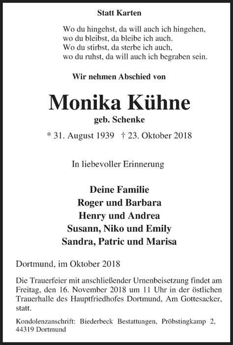 Traueranzeigen Von Monika K Hne Trauer In Nrw De