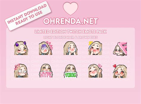 Limited Edition Twitch Emote Pack Light Blonde Hair Brown Eyes Cute Chibi Girl Emotes Etsy