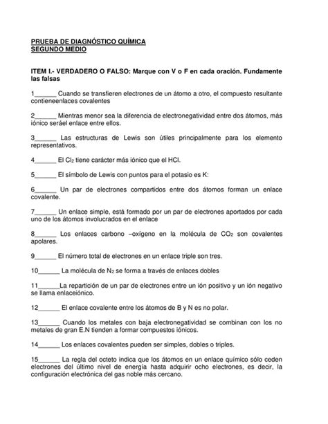 PRUEBA DE DIAGNÓSTICO QUÍMICA SEGUNDO MEDIO CON SOLUCIONARIO profe social