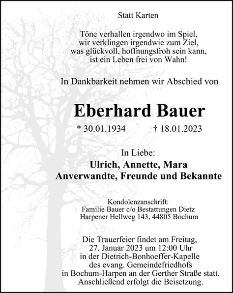 Traueranzeigen Von Eberhard Bauer Trauer In Nrw De