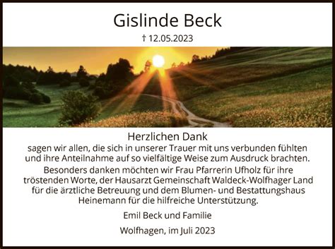 Traueranzeigen Von Gislinde Beck Trauer Hna De