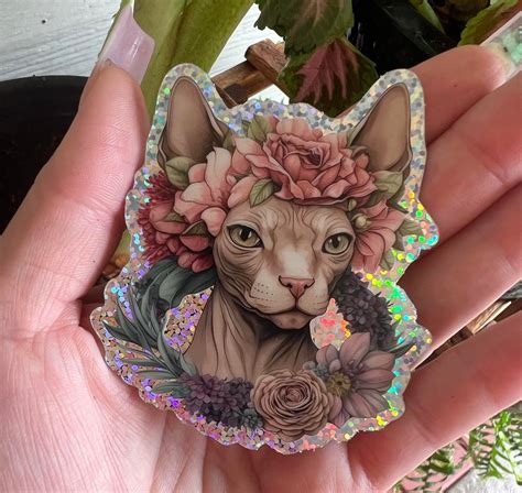 Glitter Floral Crown Sphynx Cat Sticker Naked Cat Hairless Cat Laptop