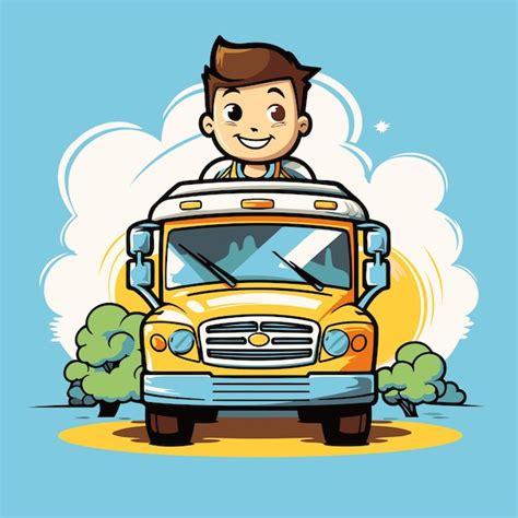 Un Mignon écolier De Dessin Animé Conduisant Un Bus Scolaire