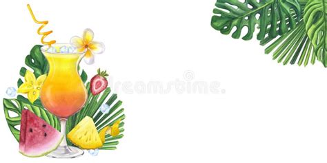 Sex On The Beach Cocktail Watercolor Hand Drawn Illustration Isolated On White Background