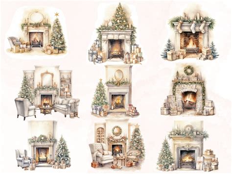 Cozy Fireplaces Clipart Winter Clipart Watercolor Digital Art Clip