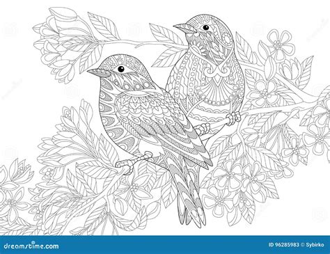 Zen Doodle Two Birds Tangles Adult Coloring Page Illustration Zentangle