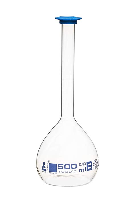 Eisco Volumetric Flask 500ml Class B Astm Snap Cap Blue Graduation Mark Tolerance ±0400ml