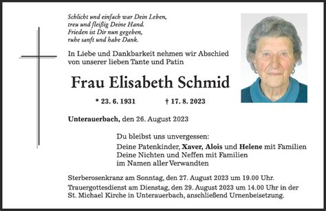 Traueranzeigen Von Elisabeth Schmid Augsburger Allgemeine Zeitung