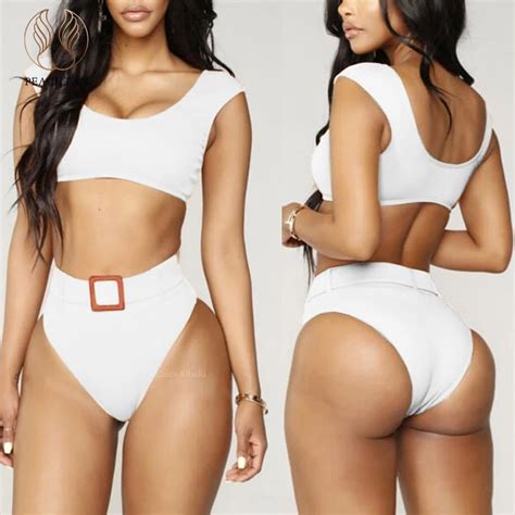 Peachtan Push Up Bandeau Swimsuit 2019 High Cut Sexy Bikini Set White