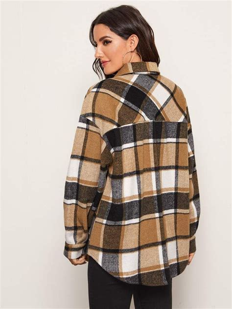 Collared Single Breasted Curved Hem Plaid Coat Shein Usa In 2021