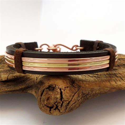 Leather Bracelet With Copper And Brass Accents Copper Bracelet Men Leather Bracelet Men 7th