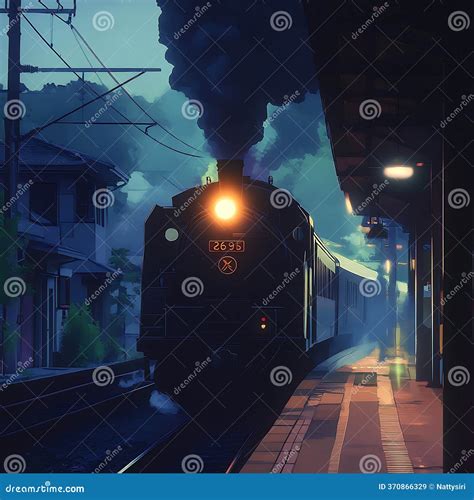 Train Arriving At Station At Dusk With Commuters Walking By Stock Image