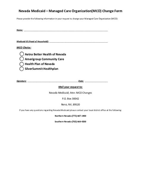 Fillable Online Dhcfp Nv Managed Care Organization Mco Change Form