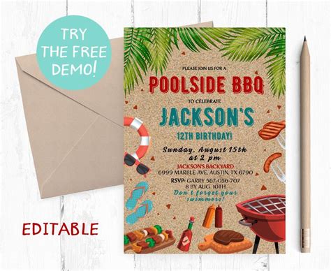 This Is An Image Of A Pool Side Bbq Birthday Party Card With The Text On It