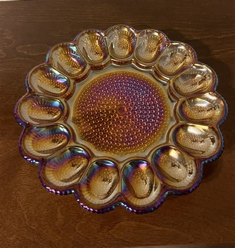 Vtg Indiana Carnival Glass Iridescent Amber 11” Hobnail Deviled Egg Dish Platter Ebay