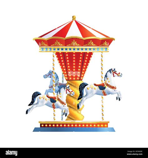 Realistic Retro Carousel With Three Colored Horses Isolated On White