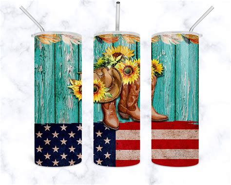 American Flag Cowboy Boots With Sunflower 20oz Skinny Tumbler Etsy