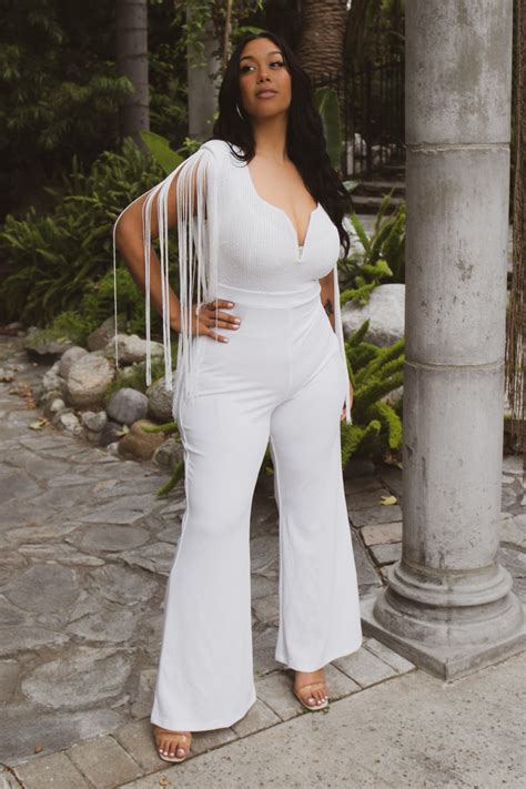 Plus Size Priscilla Sequins Fringe Jumpsuit Ivory Curvy Sense