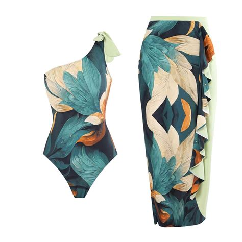 Qolati Bikini Sets For Women One Piece Floral Bathing Suit With Boho Cover Up Wrap Skirt
