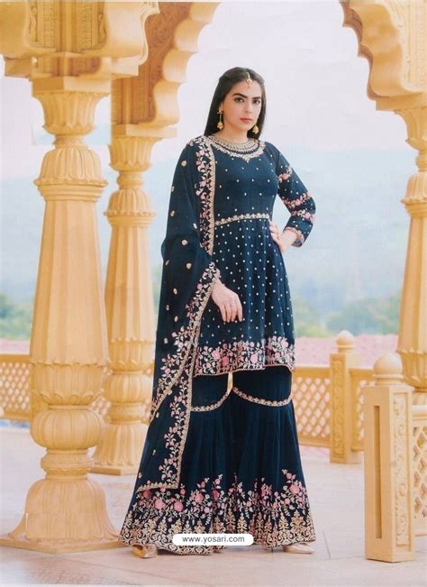 Buy Teal Blue Designer Party Wear Faux Georgette Sharara Suit Palazzo