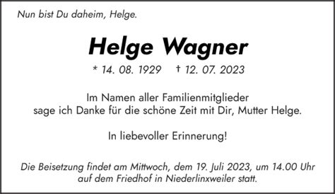 Traueranzeigen Von Helge Wagner Saarbruecker Zeitung Trauer De