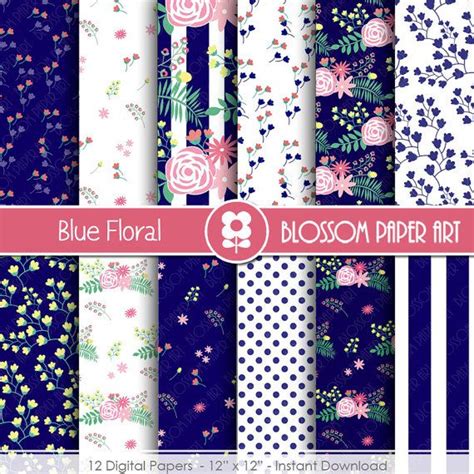 Blue Marine Floral Digitale Papier Pack Blau Floral Digital Basteln