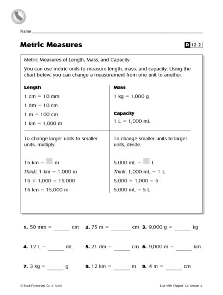 Metric Measures of Length, Mass, and Capacity Reteaching Worksheet ... 