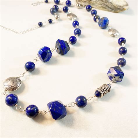 Blue Lapis Necklace Lapis Lazuli And Pewter Bead Necklace Denim Blue