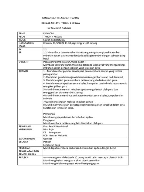 Rancangan Pelajaran Harian Pdf Seni And Disiplin Bahasa