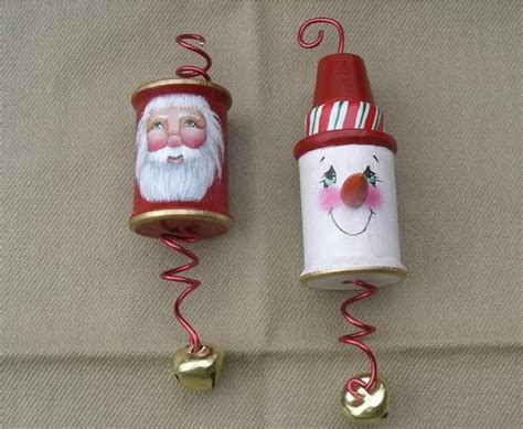 Santa And Snowman Duo Ornament On Wooden Thread Spool Spool Crafts