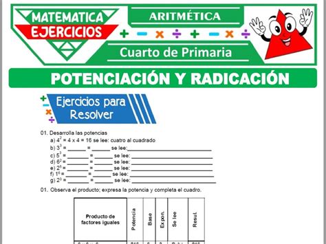 Ejercicios de Potenciación y Radicación para Cuarto de Primaria