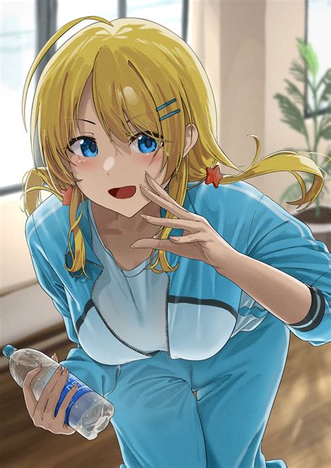 Safebooru 1girl Arm Up Bangs Blonde Hair Blue Eyes Bottle Bow Breasts Eyebrows Hidden By Hair