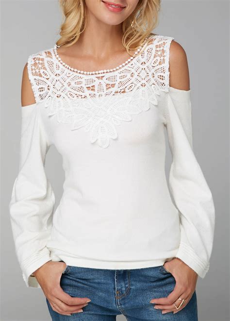 Cold Shoulder Lace Patchwork White Blouse Cold Shoulder Lace Trendy