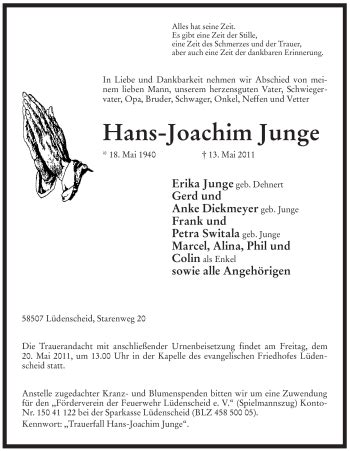 Traueranzeigen Von Hans Joachim Junge Trauer In Nrw De